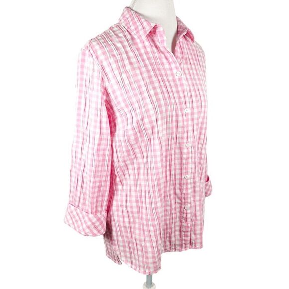 Foxcroft Pink Gingham Pucker Button Shirt 3/4 Sleeves Easy Fit Summer Size 14 - Picture 2 of 10